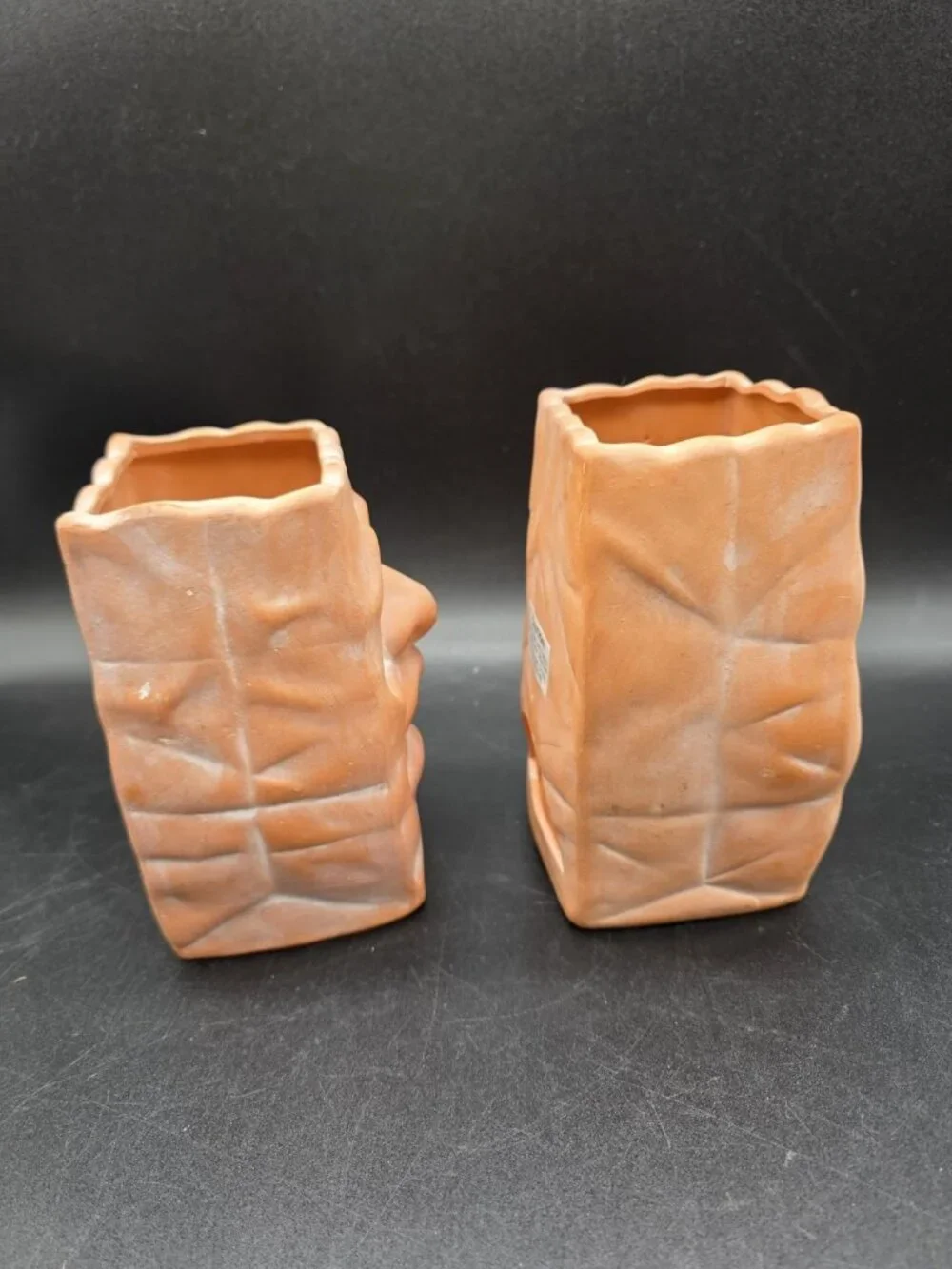 Russ Jack-O-Lantern Terracotta Paper Bag Pumpkin Candleholder Pair Halloween Vtg